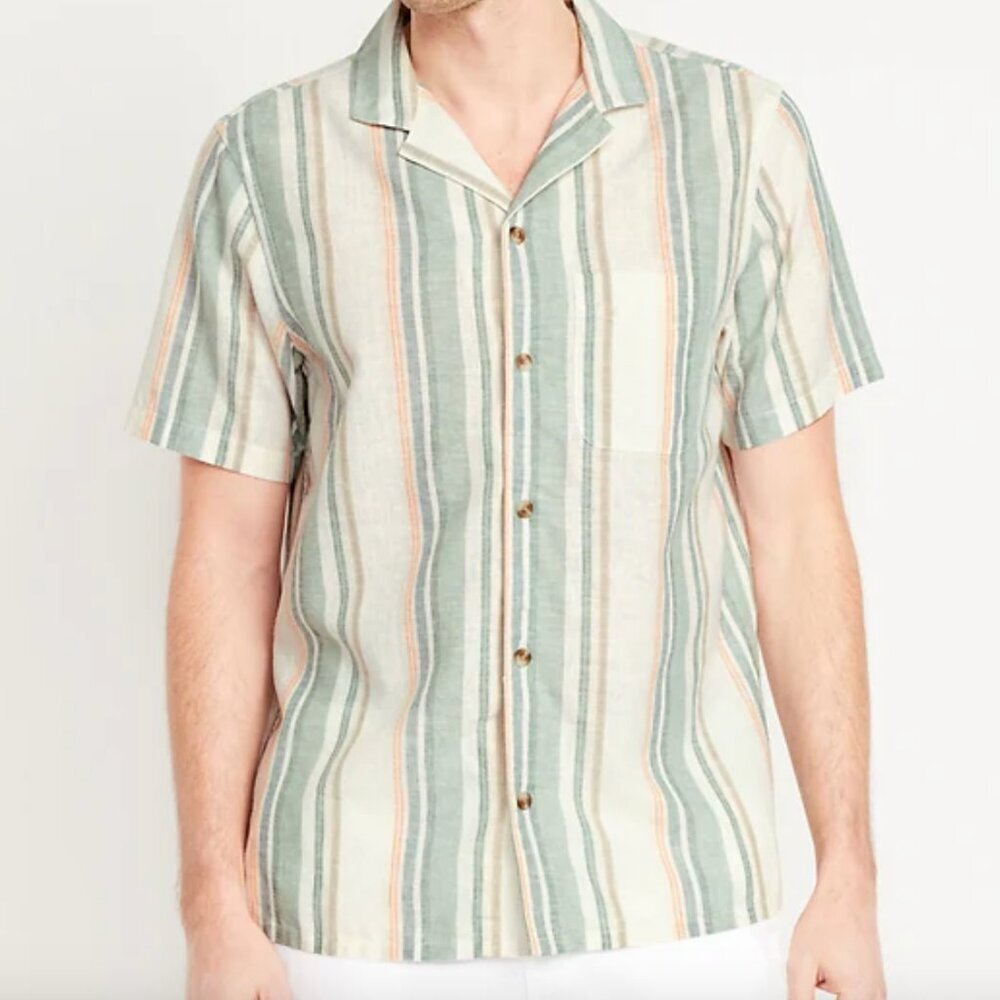 Old Navy Short-Sleeve Camp Shirt, Blue/Green Stripe, Large, NWT